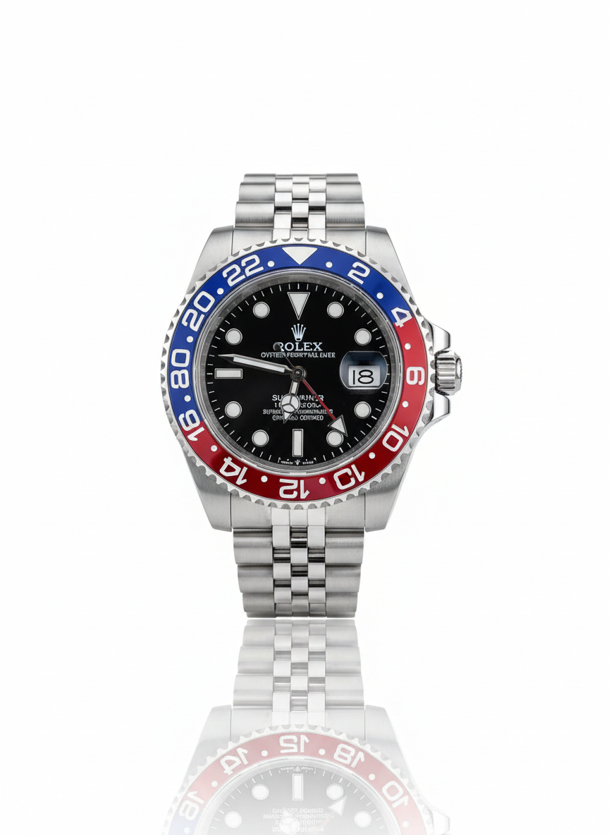 Luxury GMT Master Men’s Stainless Steel Watch – Dual Tone Bezel (Red & Blue)